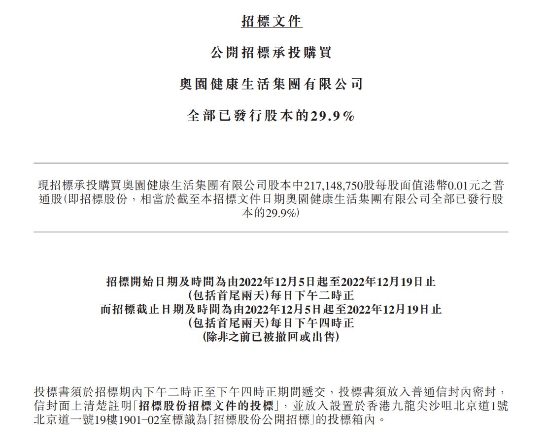 奥园集团公开招标拟出让奥园健康29.9%股权，仍在制定及考虑复牌计划