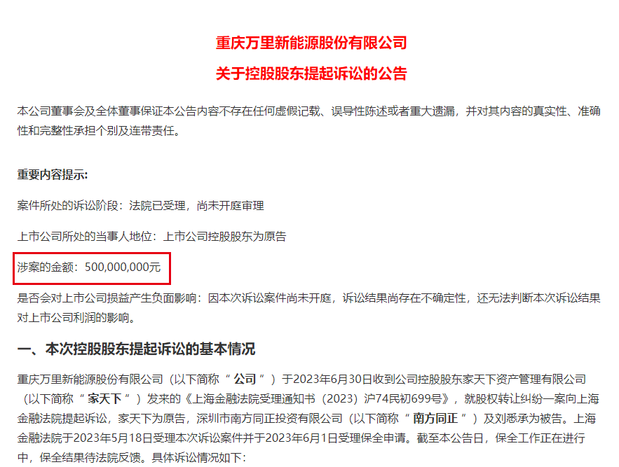 为追讨5亿元资产置出补偿款和违约金 万里股份控股股东把前任告了