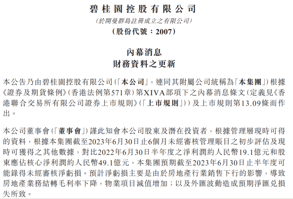 碧桂园预计上半年录得未经审核净亏损，正积极寻求政府及各方监管机构的指导和支持