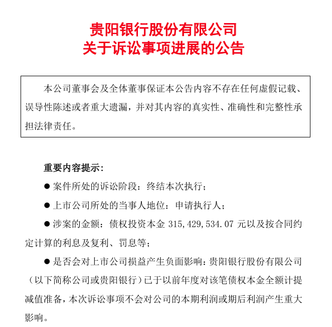 贵阳银行3.15亿元债权执行暂告终结 该行前期已对本金全额计提减值