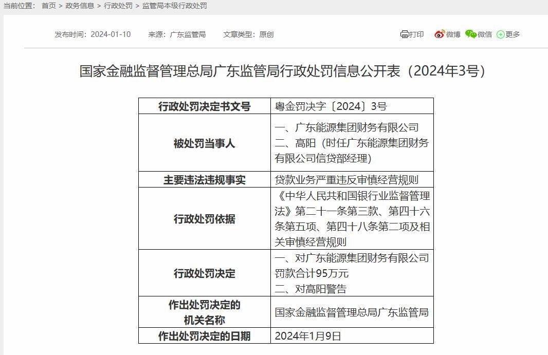 粤电力参股的财务公司收行政处罚决定书：贷款业务严重违反审慎经营规则